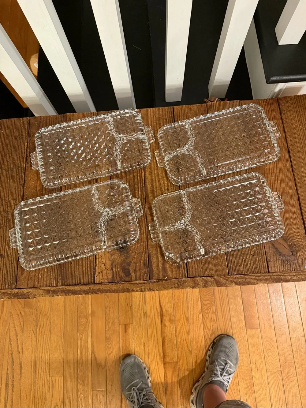 Set of (4) vintage 1950s clear pressed glass divided snack or relish trays.